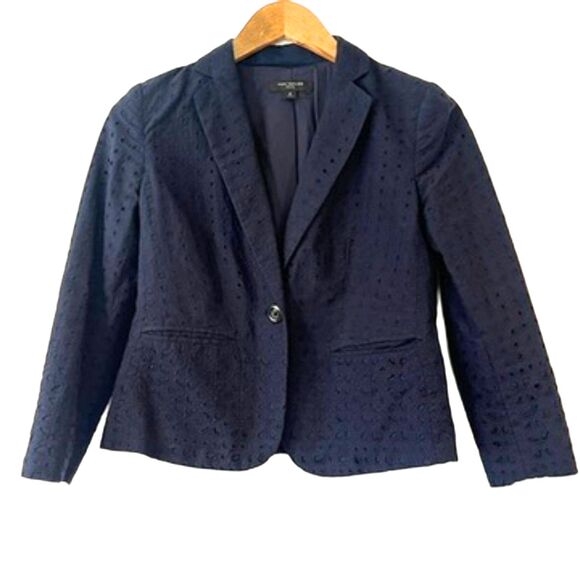 Ann Taylor Newbury Navy Blue Eyelet Fitted Blazer OP One Button Office Work - Picture 3 of 6